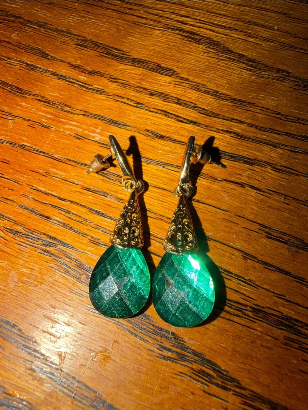 Gold Filigree Drop Earrings with Emerald Green Teardrop Stones